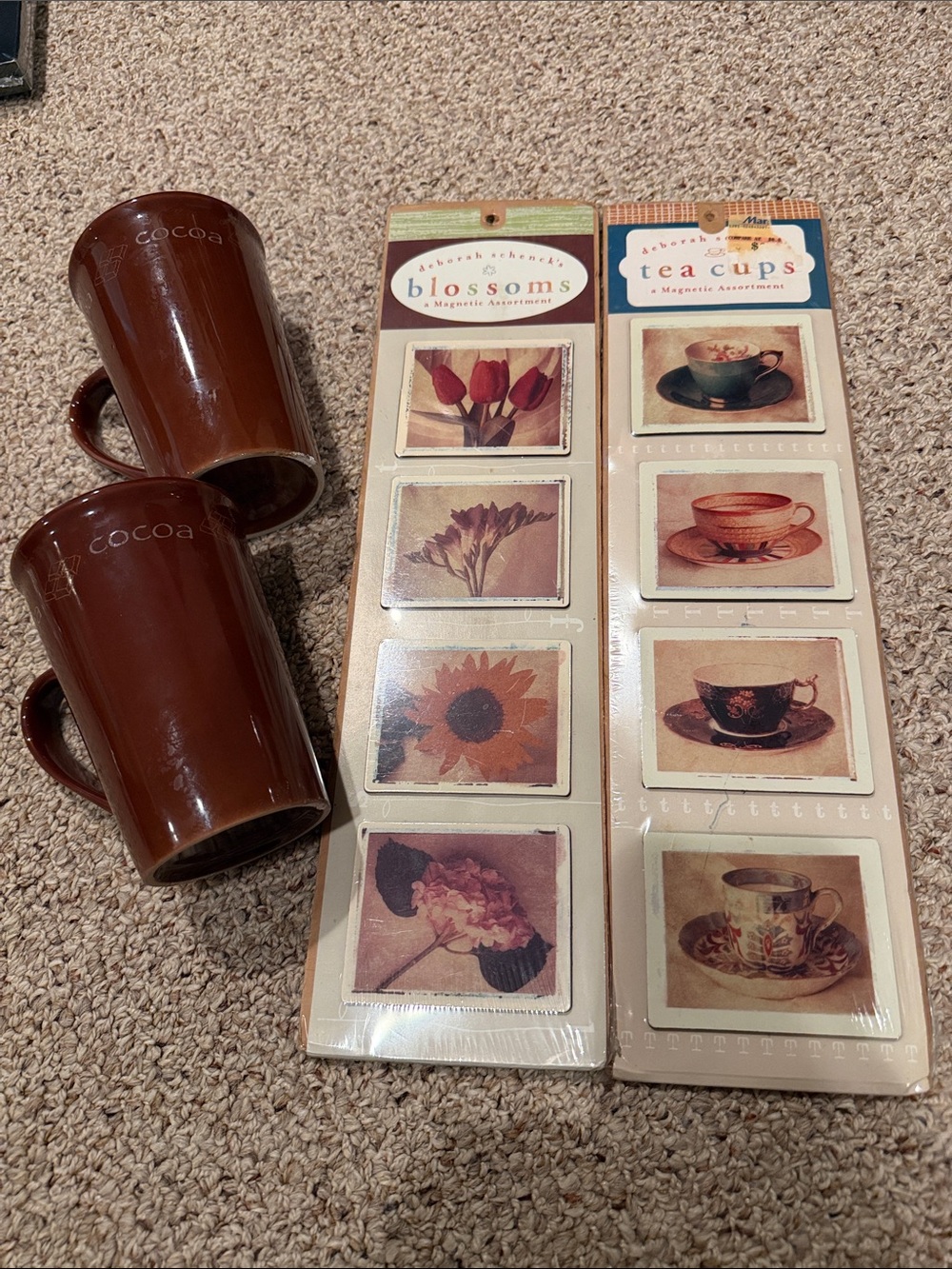 Hot Cocoa Brown Mugs - Set of 2 with 8 magnets of flowers and tea cups
